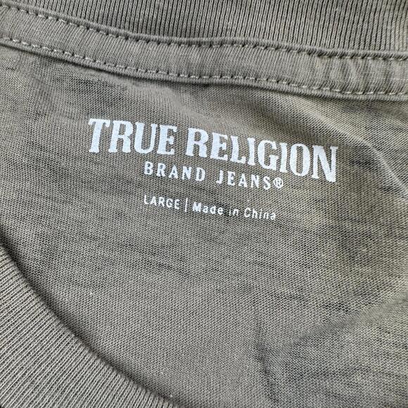 True Religion Shirt Mens Large Green Brown Camoflauge Buddha Guitar Short Sleeve - Picture 3 of 6